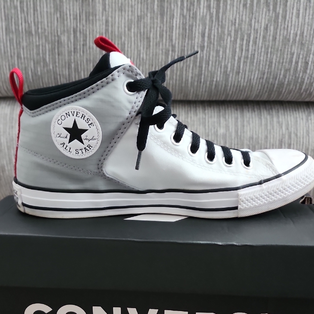 Converse Men's High Top Sneakers White Gray with Black and Red Accents - Picture 5 of 10